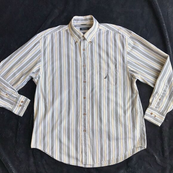 Nautica‎ Preppy Button Down Long Sleeve Shirt 80's Two Ply Cotton Stripes Large - Picture 1 of 5